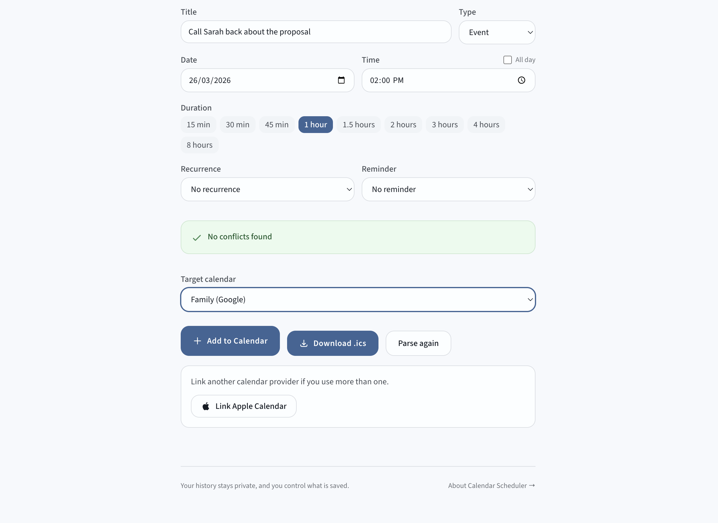 The export area showing a Download .ics button to save the event file, and a Parse again button to start over.